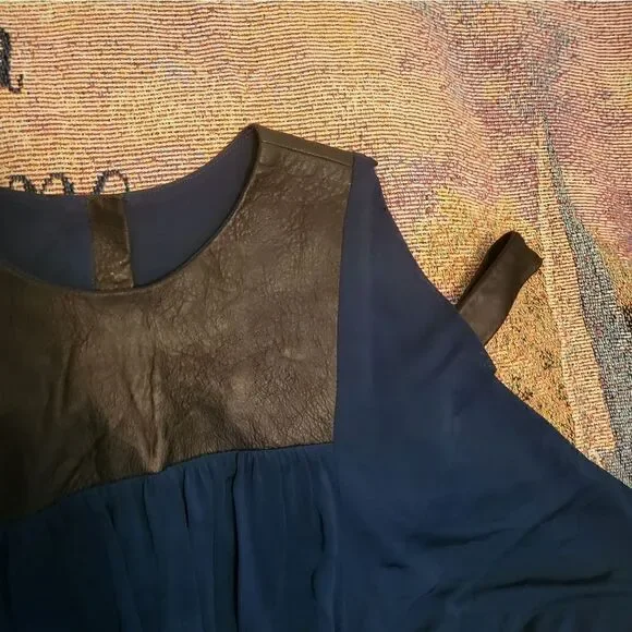 Yigal Azrouel Draped Leather Trim Cold Shoulder Designer Dress Blue 2 - Picture 7 of 13